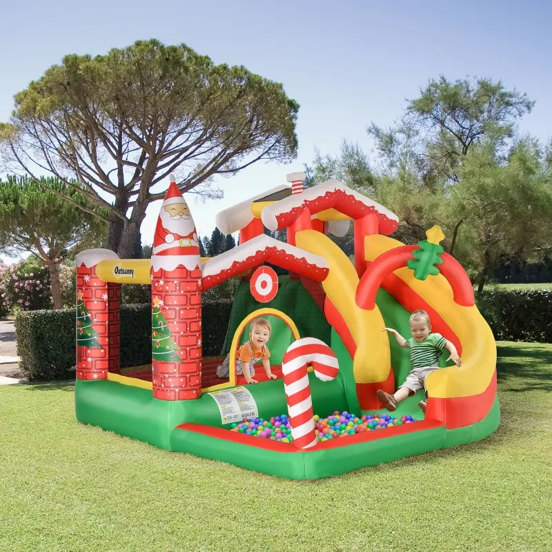 Outsunny Christmas 4-in-1 Kids Inflatable Bounce House Jumping Castle Trampoline, Pool, Slide, Climbing Wall with Christmas Tree Pattern Storage Bag & Air Blower
