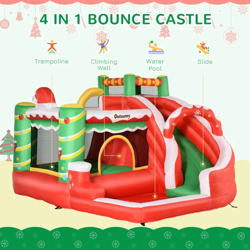 Outsunny 4-in-1 Kids Inflatable Bounce House Christmas Jumping Castle with Christmas Tree Pattern, Includes Trampoline, Pool, Slide, Climbing Wall with Carry Bag, Repair Patches and Air Blower
