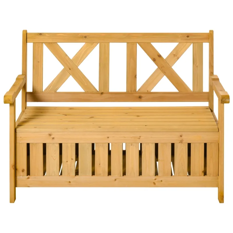 Outsunny Wooden Outdoor Storage Bench 2-Person Backyard Patio Bench with Louvered Side Panels & Wood Build, Yellow