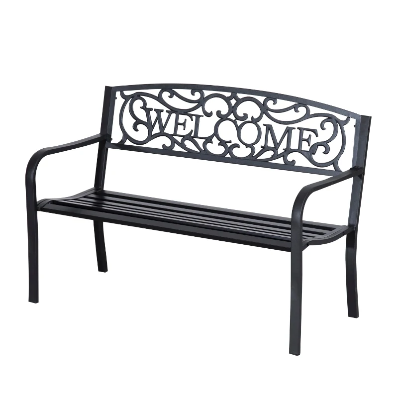 Outsunny 50" 2-Person Garden Bench Loveseat with Cast Iron Decorative Welcome Vines, Outdoor Patio Bench for Backyard, Porch, Entryway