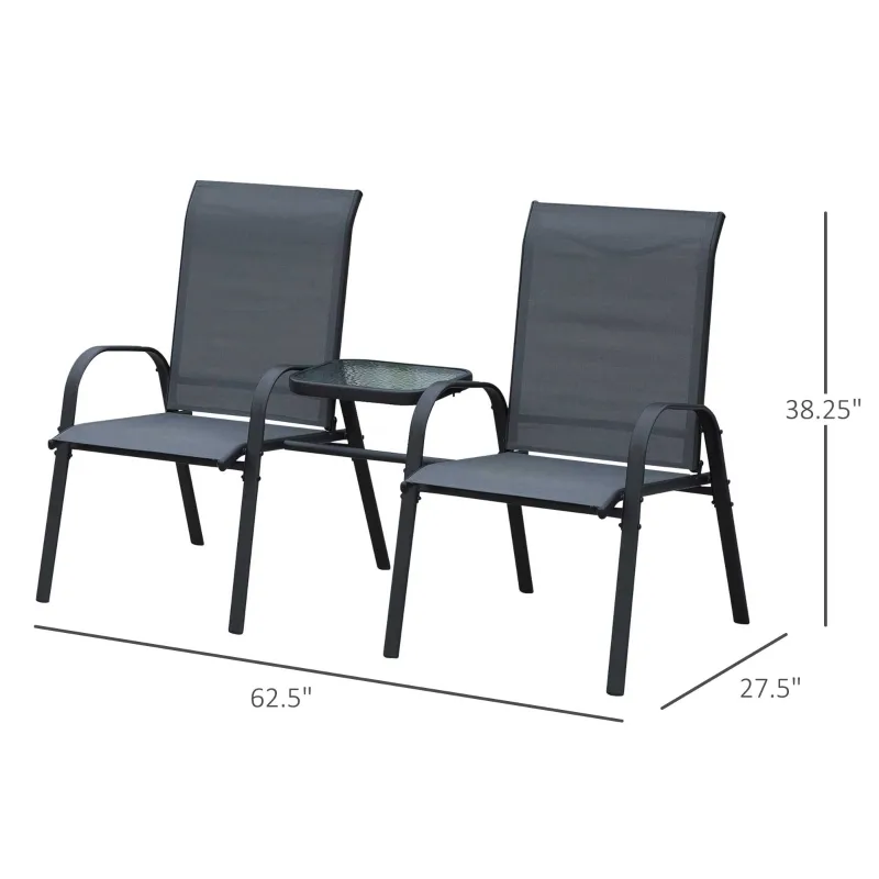 Outsunny Bistro Set Outdoor Furniture Set with Attached Middle Glass Coffee Table, Breathable Fabric Double Chairs for Balcony, Patio, Porch