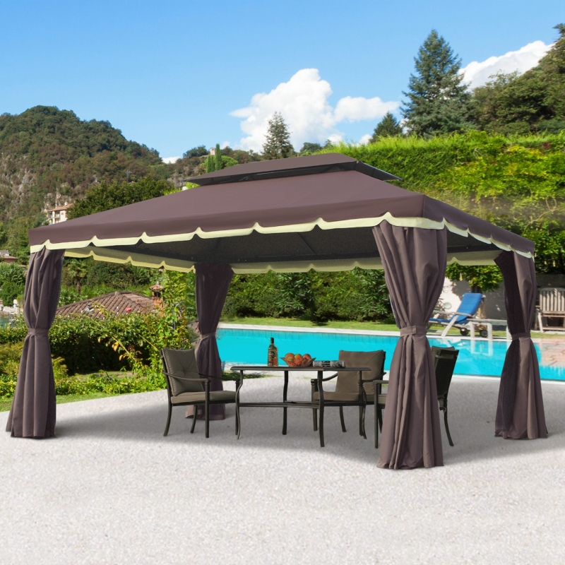 Outsunny 10 x 13ft Aluminum Frame Gazebo Canopy Double Tier Garden Shelter with Netting and Curtains, Coffee