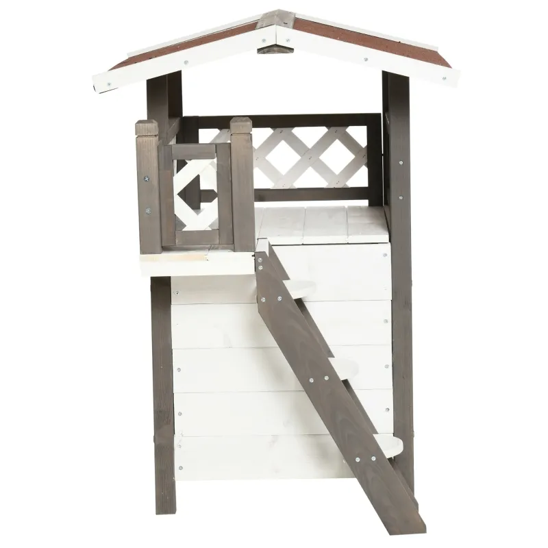 PawHut Outdoor Cat House, 2-Story Shelter for Feral Cats, Wooden Kitten Condo with Asphalt Roof, Stairs, Balcony, 30" x 20" x 29"