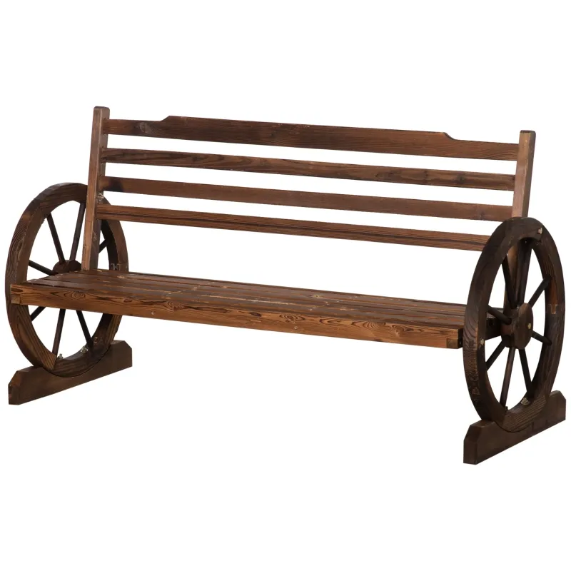Outsunny Wooden Wagon Wheel Bench, 3-Person Rustic Slatted Seat, Outdoor Patio Furniture, Brown