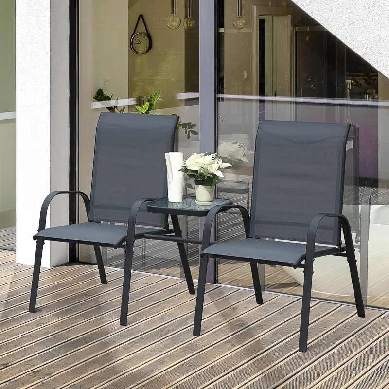 Outsunny Bistro Set Outdoor Furniture Set with Attached Middle Glass Coffee Table, Breathable Fabric Double Chairs for Balcony, Patio, Porch