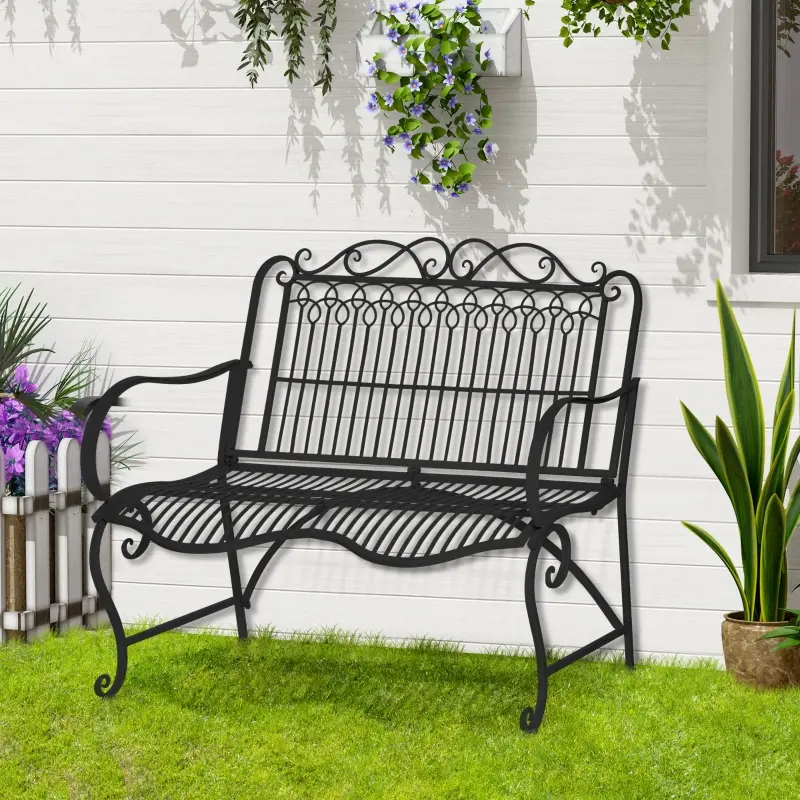 Outsunny Metal Park Bench for Front Porch, Loveseat Like 2 Person, Armrests, Steel Frame, European Antique Style Outdoor Furniture, Black