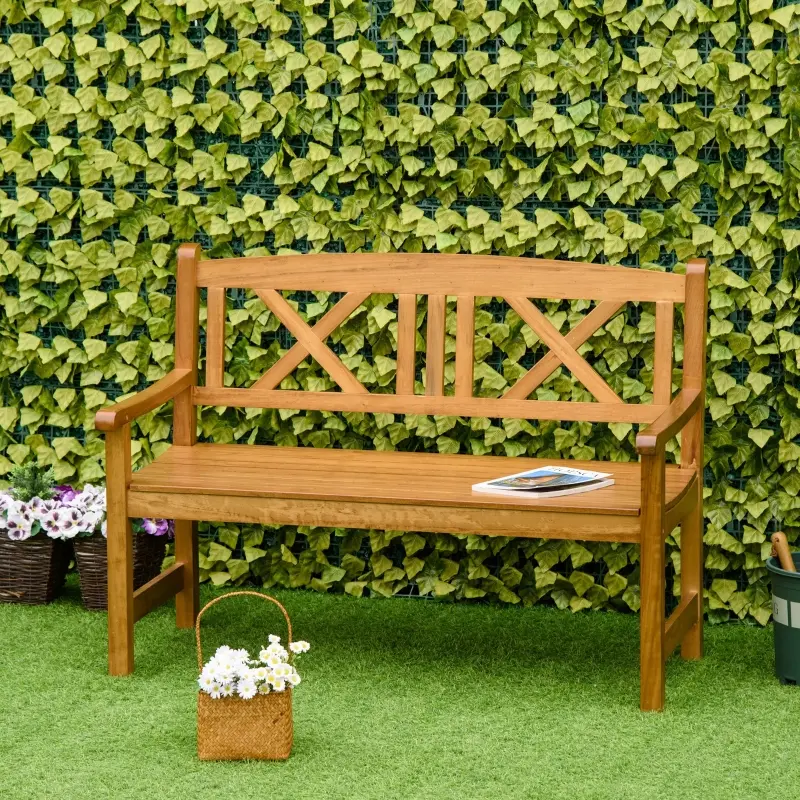 Outsunny 2-Seater Wooden Garden Bench, 4FT Outdoor Patio Loveseat with Unique X-Shape Back for Yard, Lawn, Porch, Natural Wood