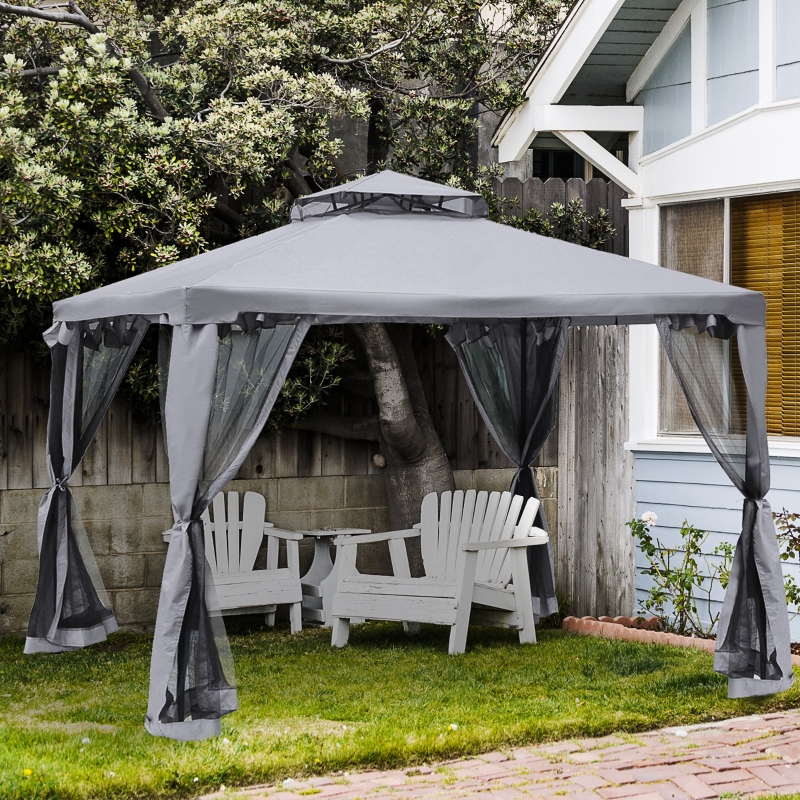 Outsunny 9.6' x 9.6' Patio Gazebo Outdoor Pavilion 2 Tire Roof Canopy Shelter Garden Event Party Tent Yard Sun Shade Steel Frame w/ Mosquito Netting Grey