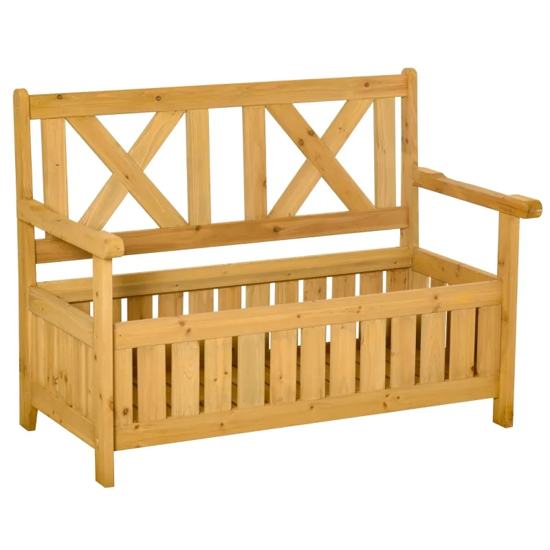 Outsunny Wooden Outdoor Storage Bench 2-Person Backyard Patio Bench with Louvered Side Panels & Wood Build, Yellow