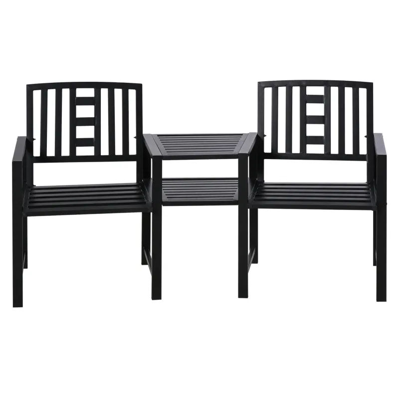 Outsunny Tete-a-Tete Garden Bench with Center Table, Metal Frame, Outdoor 2-Person Loveseat with Armrest for Patio Backyard Porch Black