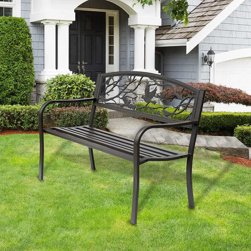 Outsunny 50" Vintage Bird Pattern Garden Cast Iron Patio Bench - Brown