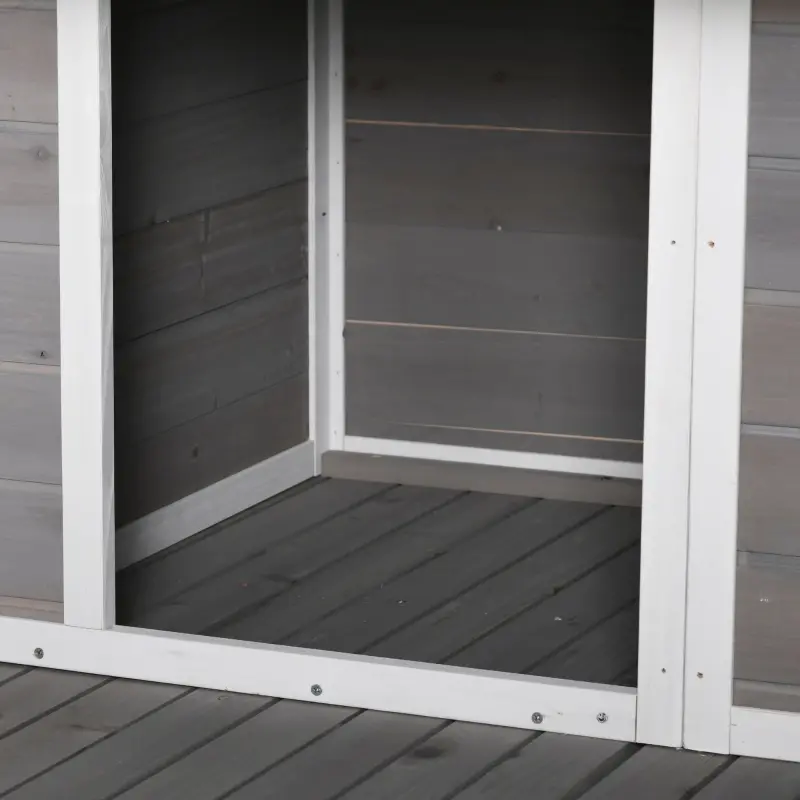 PawHut Outdoor Dog House Cabin Style, Wooden Raised Pet Kennel with Asphalt Roof, Front Door, Side Window, Porch for Medium/Large Dogs, Loading 53 Lbs., Grey