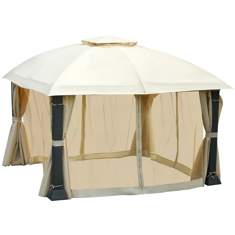 Outsunny 12' x 12' Steel Gazebo Canopy Party Tent Shelter with Double Roof, Curtains and Netting Sidewalls, Beige