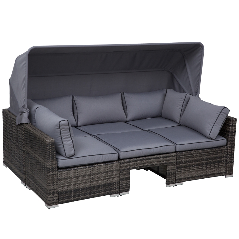 Outsunny 4 PCS Outdoor Rattan Sofa Set Retractable Canopy Patio Furniture Set w/ Cushions