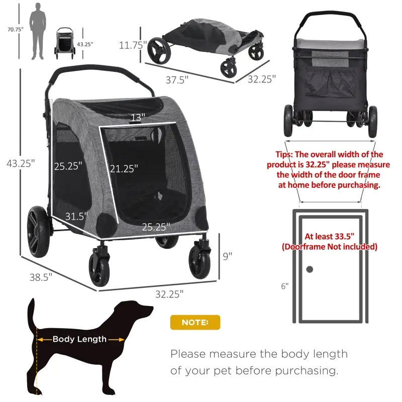 PawHut Foldable Dog Stroller with Storage Pocket, Oxford Fabric for Medium Size Dogs - Grey