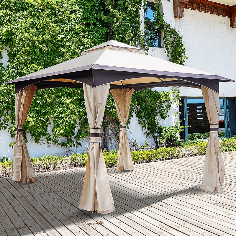 Outsunny 10' x 10' Outdoor Patio 2-tier roof Gazebo Canopy Steel Frame w/ Mesh Sidewalls