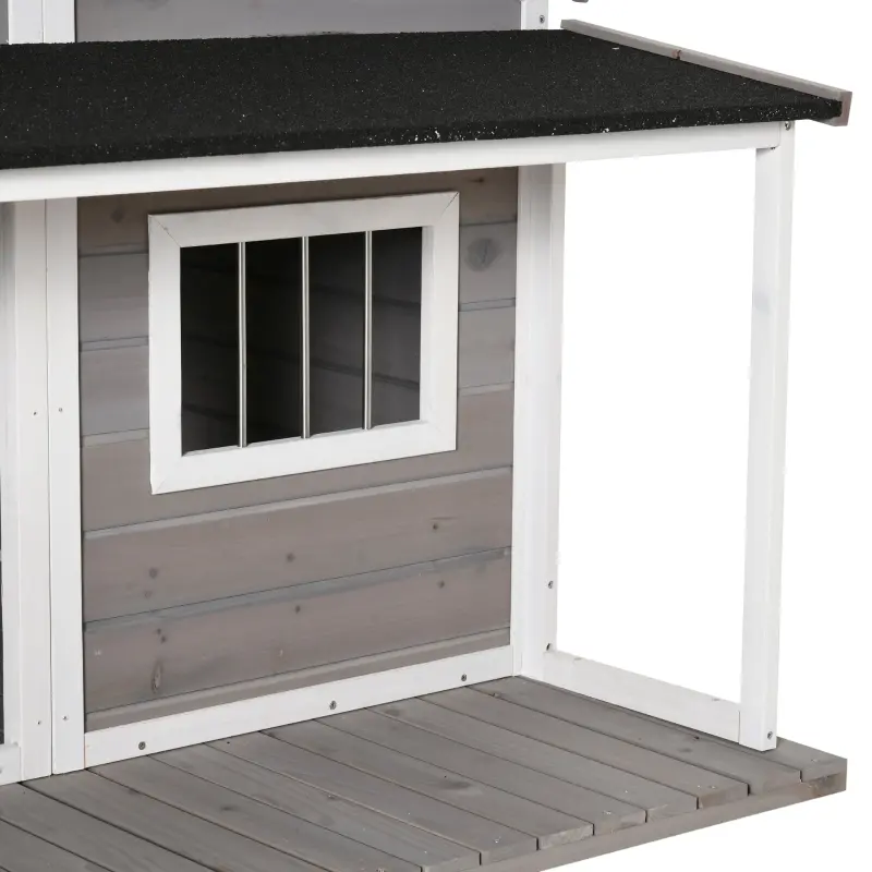 PawHut Outdoor Dog House Cabin Style, Wooden Raised Pet Kennel with Asphalt Roof, Front Door, Side Window, Porch for Medium/Large Dogs, Loading 53 Lbs., Grey