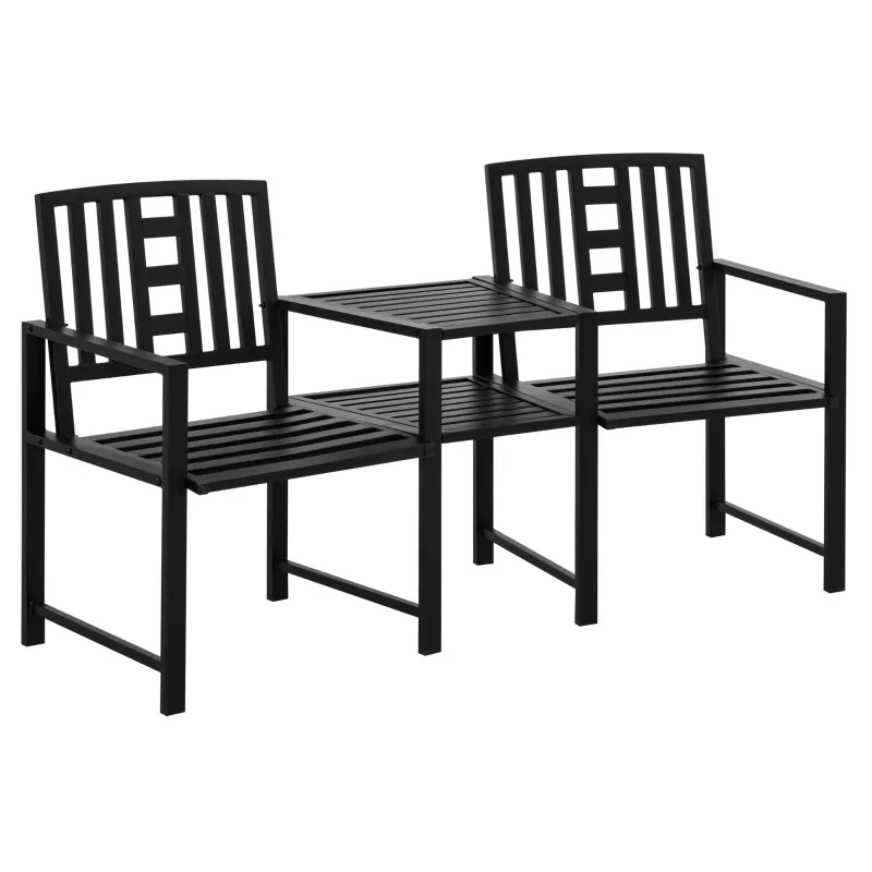 Outsunny Tete-a-Tete Garden Bench with Center Table, Metal Frame, Outdoor 2-Person Loveseat with Armrest for Patio Backyard Porch Black