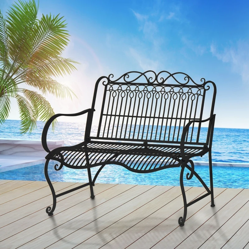 Outsunny Metal Park Bench for Front Porch, Loveseat Like 2 Person, Armrests, Steel Frame, European Antique Style Outdoor Furniture, Black