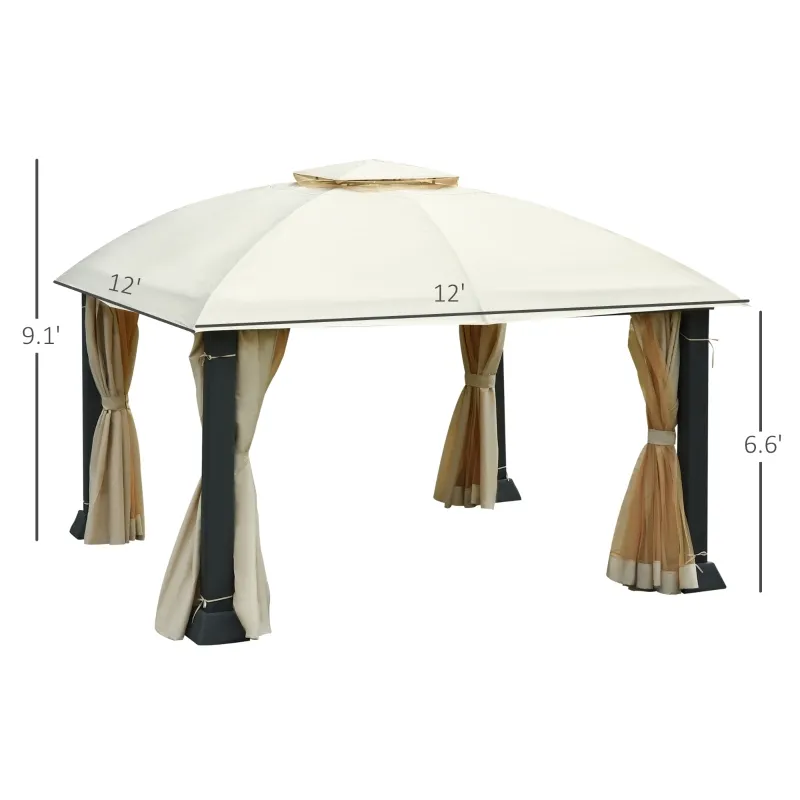 Outsunny 12' x 12' Steel Gazebo Canopy Party Tent Shelter with Double Roof, Curtains and Netting Sidewalls, Beige