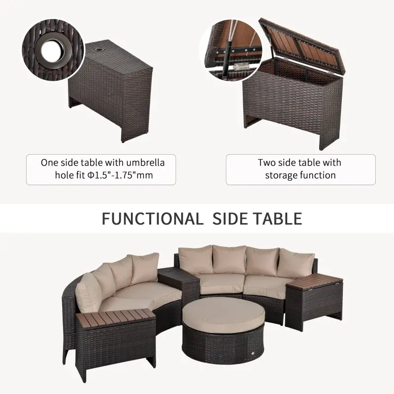 Outsunny 8 Piece Outdoor Rattan Sofa, Half Round Patio Furniture Set with Side Tables, Umbrella Hole, and Cushions, Mixed Brown and Beige