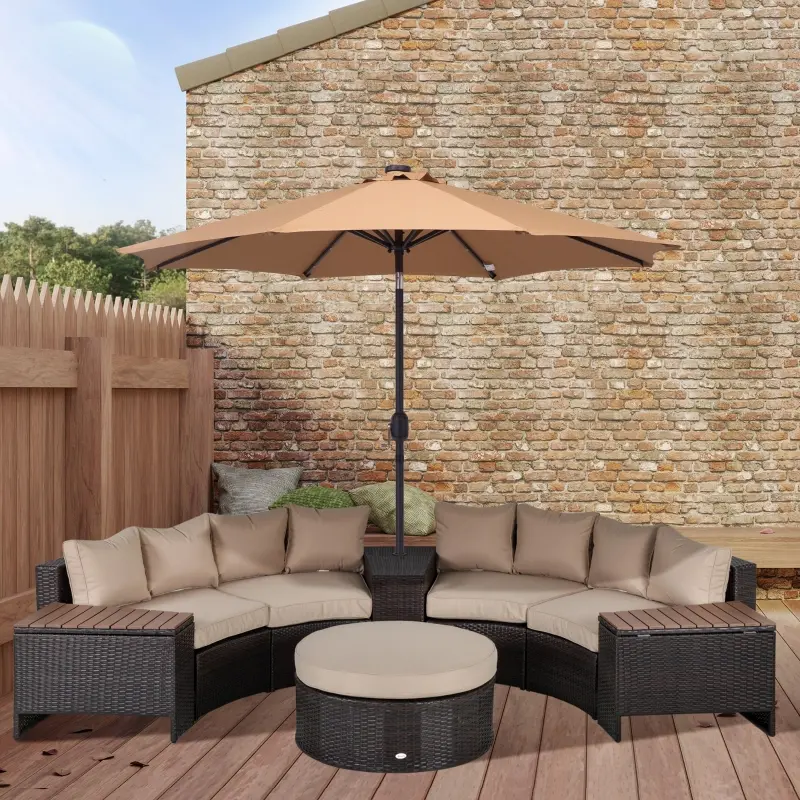 Outsunny 8 Piece Outdoor Rattan Sofa, Half Round Patio Furniture Set with Side Tables, Umbrella Hole, and Cushions, Mixed Brown and Beige