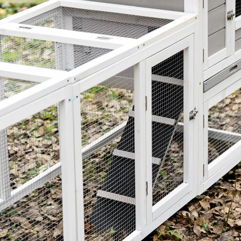 PawHut 102" 2 in 1 Wooden Rabbit Hutch, Double Main House Pet Playpen, Large Bunny House Enclosure for Indoor/Outdoor with 2 Run Boxes, Tray, and Ramp, for Rabbits, Chickens, Ducks, Guinea Pig, Gray