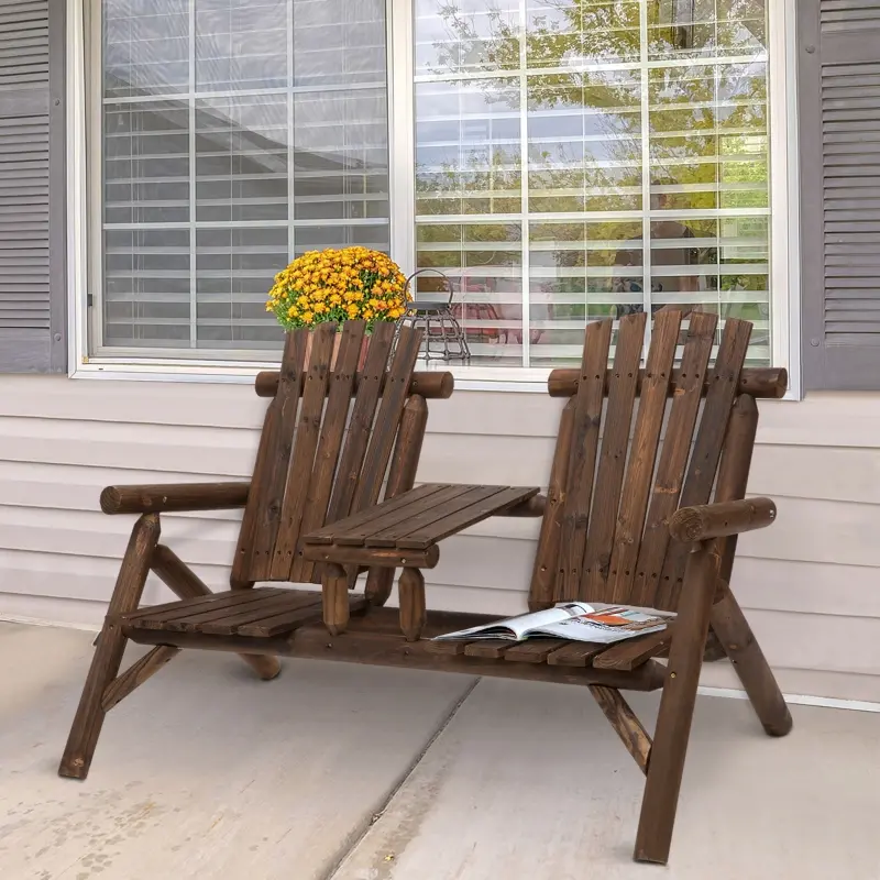 Outsunny Wood Adirondack Patio Chair Bench with Center Coffee Table, Perfect for Lounging and Relaxing Outdoors Carbonized
