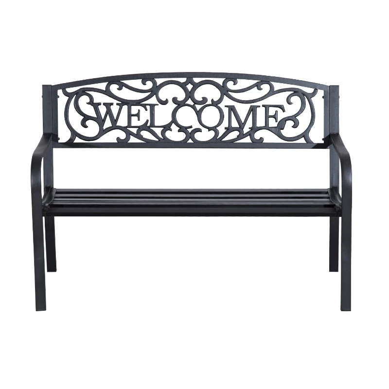 Outsunny 50" 2-Person Garden Bench Loveseat with Cast Iron Decorative Welcome Vines, Outdoor Patio Bench for Backyard, Porch, Entryway