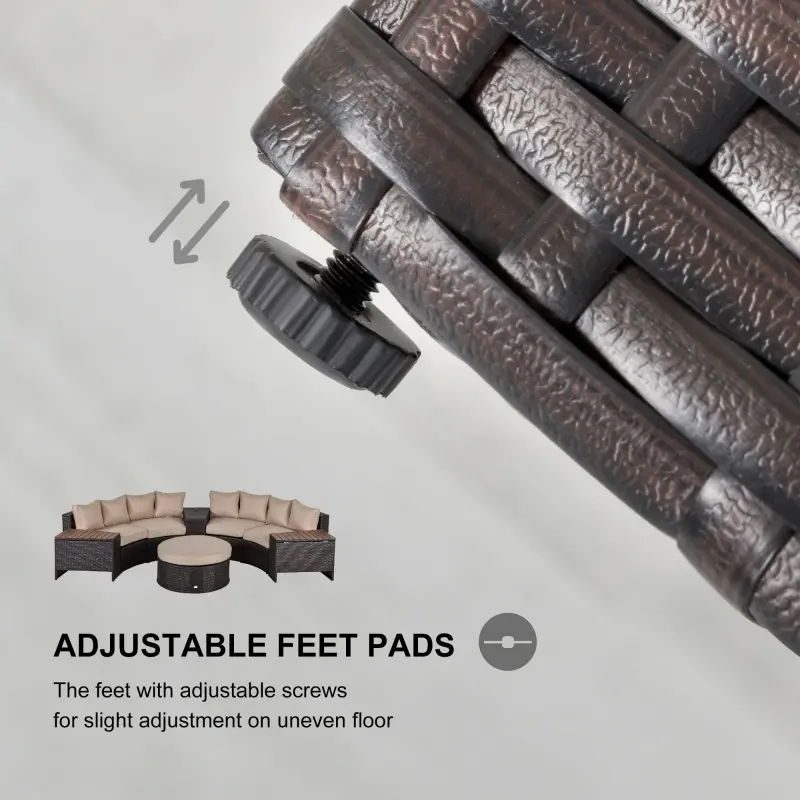 Outsunny 8 Piece Outdoor Rattan Sofa, Half Round Patio Furniture Set with Side Tables, Umbrella Hole, and Cushions, Mixed Brown and Beige