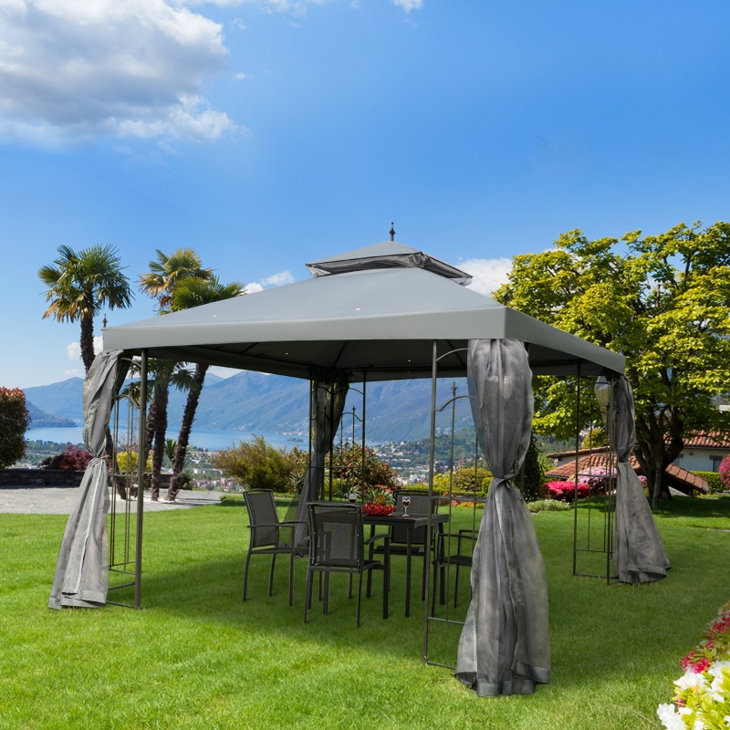 Outsunny 10' x 10' Steel Outdoor Patio Gazebo Canopy with Removable Mesh Curtains, Display Shelves, & Steel Frame, Grey