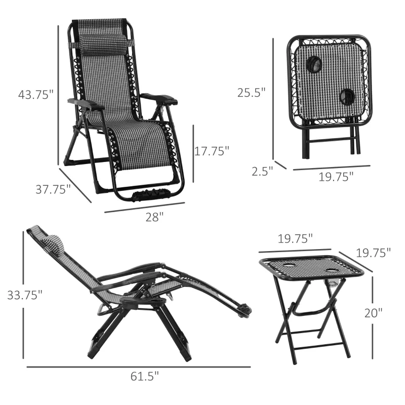 Outsunny 3 Pieces Foldable Patio Lounge Chair, Zero Gravity Chair Set of 2 with Side Table and Cup Holder, Reclining Chairs with Foot Massager Function, Headrest, Grey and Black
