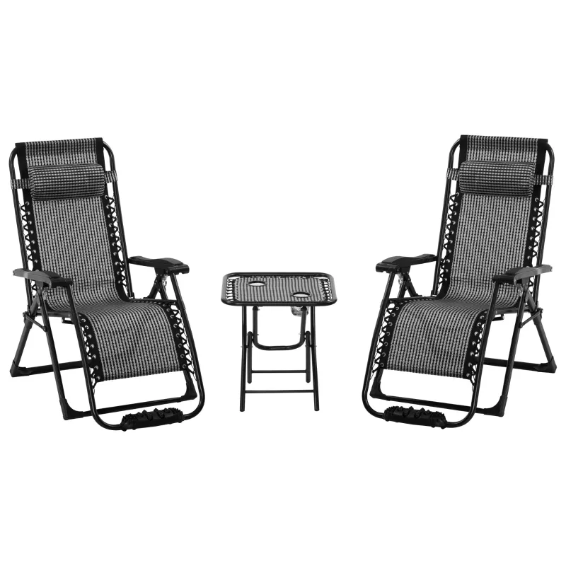 Outsunny 3 Pieces Foldable Patio Lounge Chair, Zero Gravity Chair Set of 2 with Side Table and Cup Holder, Reclining Chairs with Foot Massager Function, Headrest, Grey and Black