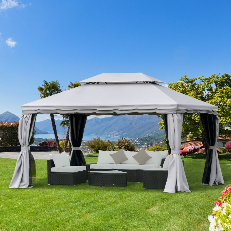 Outsunny 13' x 10' Outdoor Patio Gazebo Canopy with 2-Tier Polyester Roof Vented Mesh Sidewall & Strong Aluminum Frame Grey