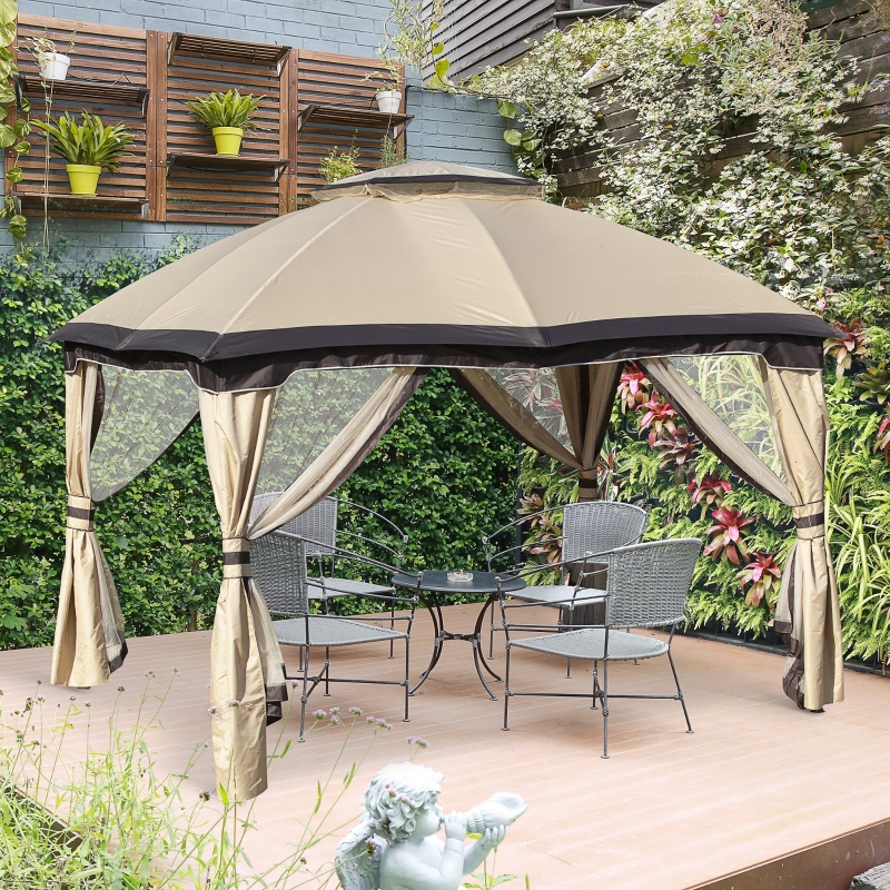 Outsunny 12' x 10' 2-Tier Outdoor Gazebo Canopy Tent for Patio with Zippered Mesh Sidewalls, Solid Steel Frame, Arched Roof, Beige