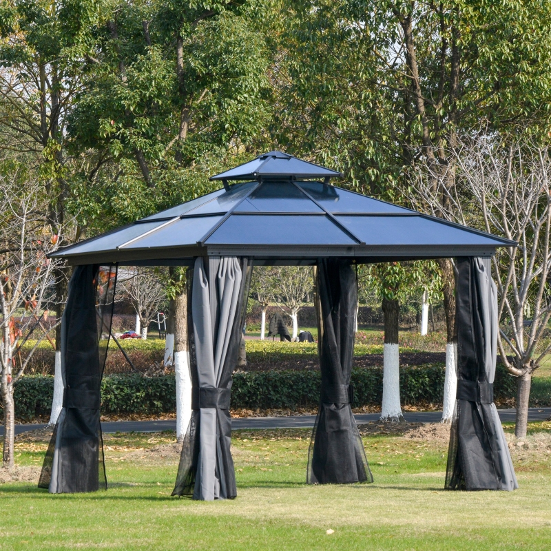 Outsunny 10' x 10' Polycarbonate Hardtop Gazebo Canopy Outdoor Double Tier Roof Aluminum Frame with Curtains, Netting Sidewalls Patio, Black