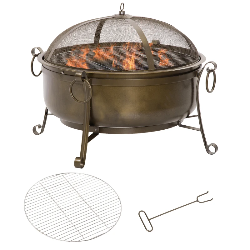 Outsunny Outdoor Fire Pit with Grill Cooking Grate, Cover, Fire Poker for Patio