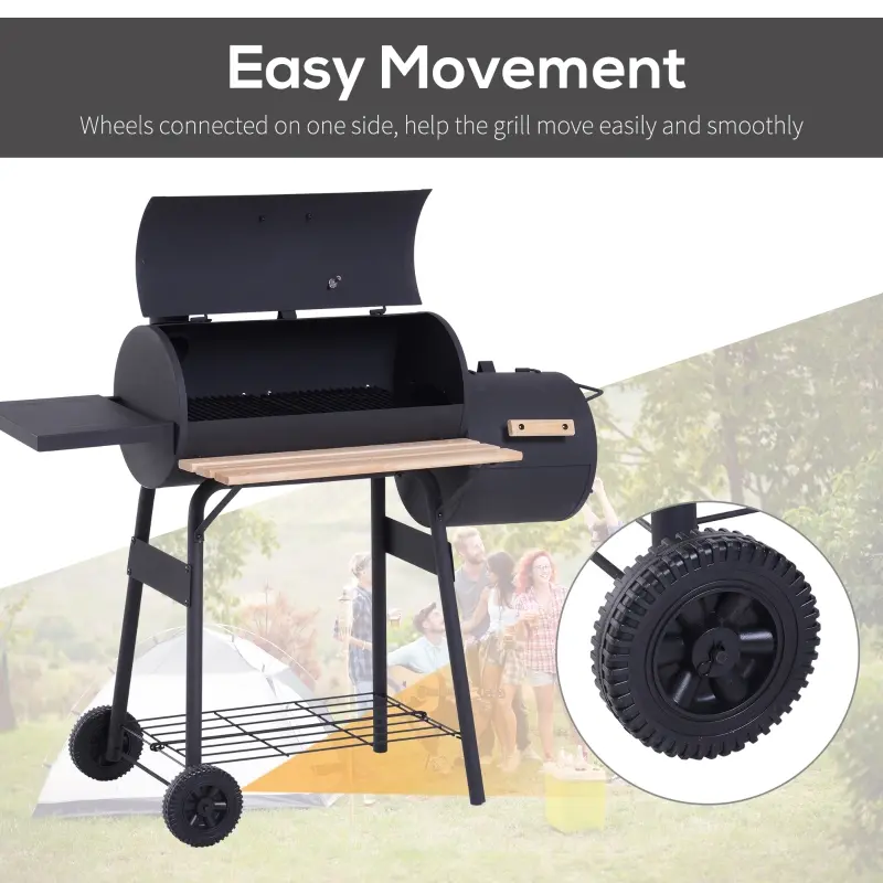 Outsunny Charcoal BBQ, Portable Grill with Wheels, All-in-One Grill, Side vent, Two Shelves and Metal Grating, Lit-Mounted Thermometer, Wooden Handle, for Outdoor Cooking, Black