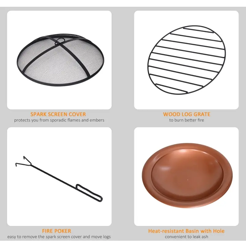 Outsunny 30" Outdoor Fire Pits, Copper-Colored Round Metal Camping Fire Pit, Firepit with Black Ornate Base, Poker, & Mesh Screen for Ember Protection