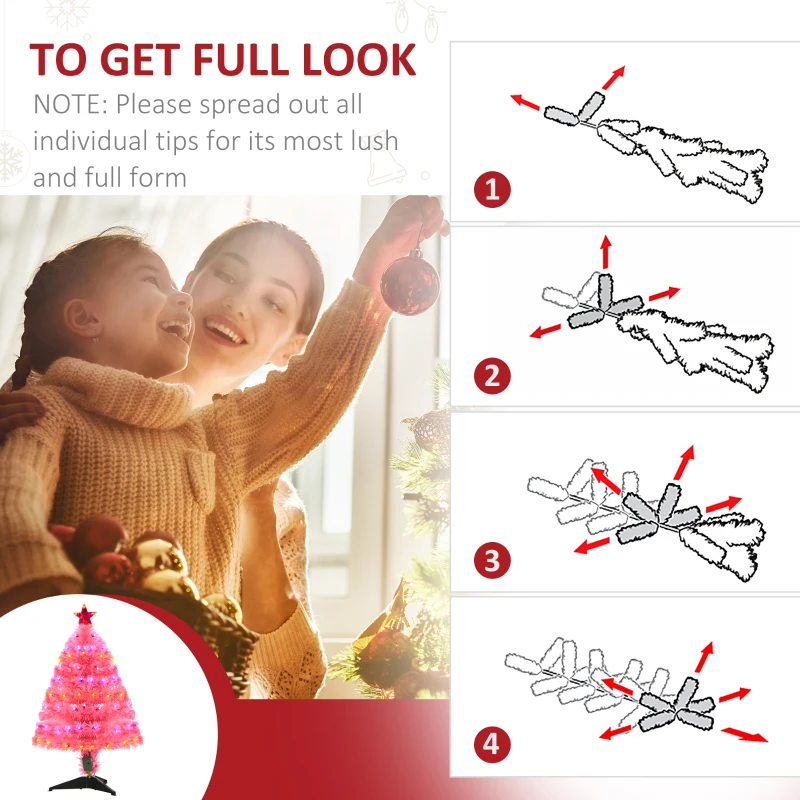 HOMCOM 3ft Tall Pre-Lit Douglas Fir Artificial Christmas Tree with Realistic Branches, 90 Multi-Color LED Lights, Fiber Optics, and 90 Tips, Pink