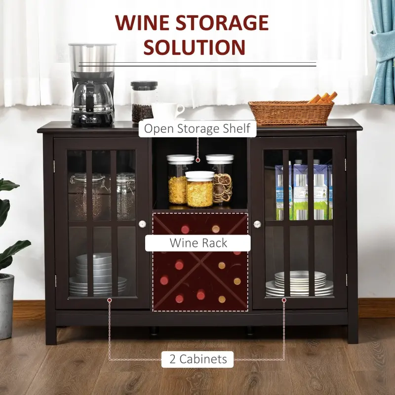 HOMCOM Sideboard, Glass Door Serving Buffet Cabinet, Liquor Cabinet with Adjustable Shelves, 12 Bottle Wine Rack for Living Room, Kitchen, Espresso