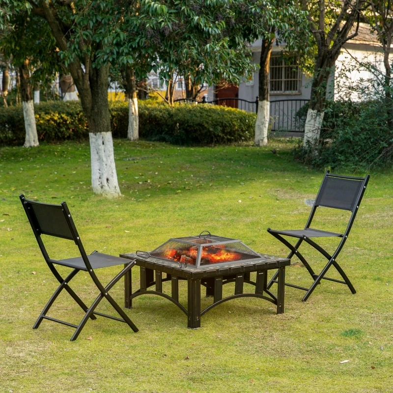 Outsunny 30" Outdoor Fire Pits, Square Steel Wood Burning Fire Pits with Spark Screen, Cooking Grill and Log Poker, Camping Fire Pit for Backyard, Patio