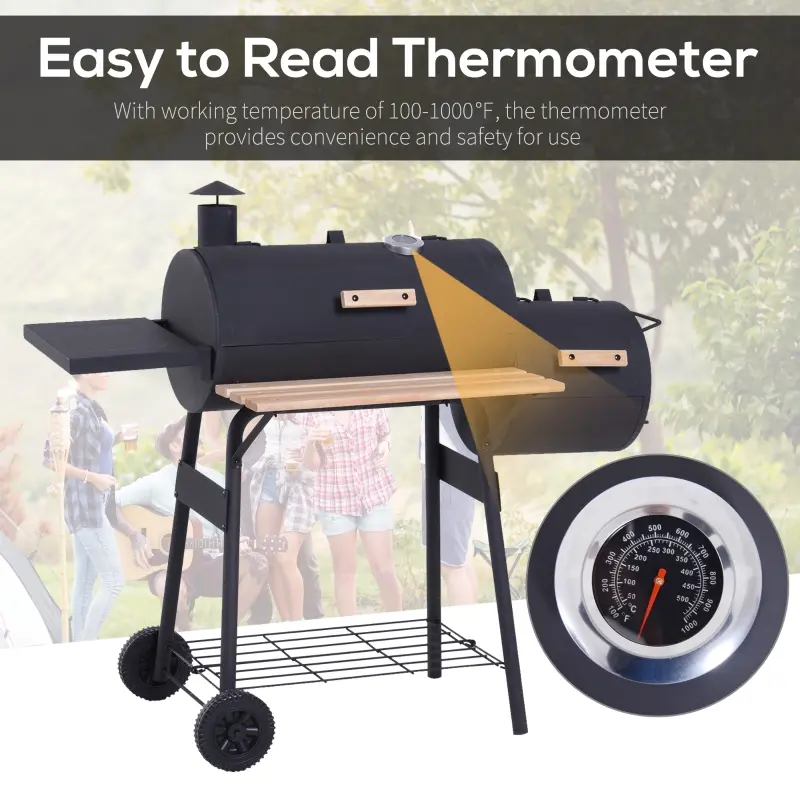 Outsunny Charcoal BBQ, Portable Grill with Wheels, All-in-One Grill, Side vent, Two Shelves and Metal Grating, Lit-Mounted Thermometer, Wooden Handle, for Outdoor Cooking, Black