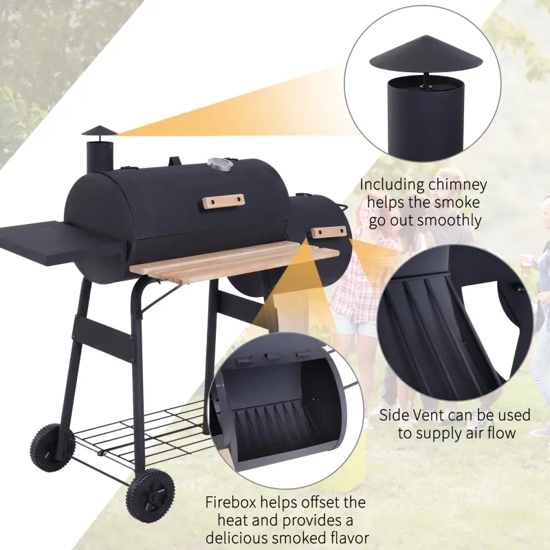 Outsunny Charcoal BBQ, Portable Grill with Wheels, All-in-One Grill, Side vent, Two Shelves and Metal Grating, Lit-Mounted Thermometer, Wooden Handle, for Outdoor Cooking, Black