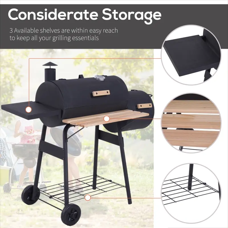 Outsunny Charcoal BBQ, Portable Grill with Wheels, All-in-One Grill, Side vent, Two Shelves and Metal Grating, Lit-Mounted Thermometer, Wooden Handle, for Outdoor Cooking, Black