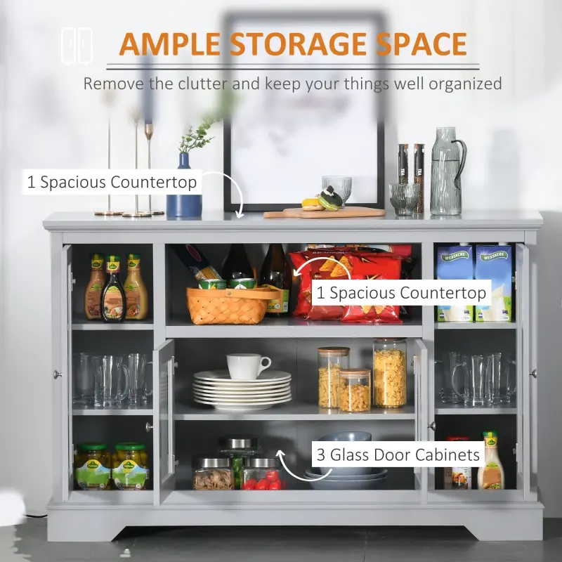 HOMCOM Sideboard Buffet Cabinet with Storage, Kitchen Cabinet Coffee Bar Cabinet with Glass Doors for Living Room, Kitchen, Grey