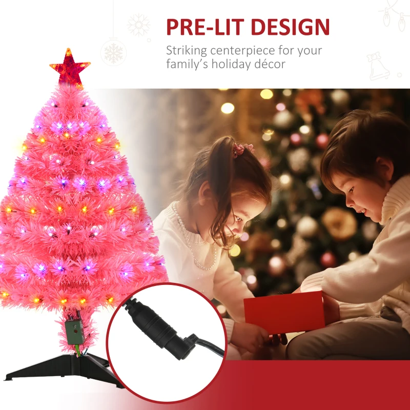 HOMCOM 3ft Tall Pre-Lit Douglas Fir Artificial Christmas Tree with Realistic Branches, 90 Multi-Color LED Lights, Fiber Optics, and 90 Tips, Pink