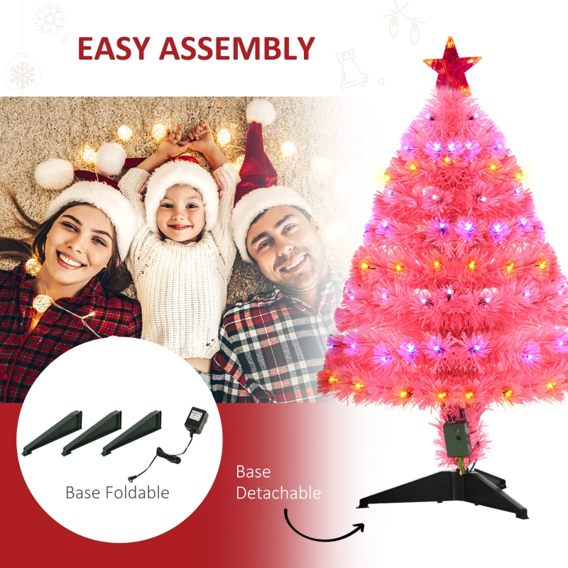 HOMCOM 3ft Tall Pre-Lit Douglas Fir Artificial Christmas Tree with Realistic Branches, 90 Multi-Color LED Lights, Fiber Optics, and 90 Tips, Pink