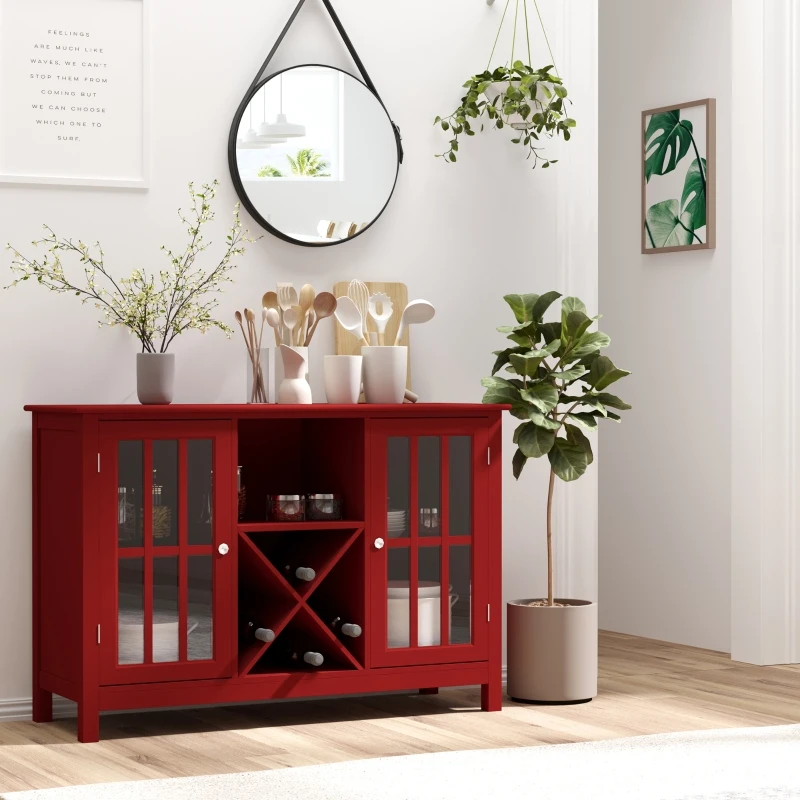 HOMCOM Sideboard, Glass Door Serving Buffet Cabinet, Liquor Cabinet with 12 Bottle Wine Rack, Red