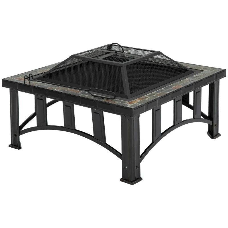 Outsunny 30" Outdoor Fire Pits, Square Steel Wood Burning Fire Pits with Spark Screen, Cooking Grill and Log Poker, Camping Fire Pit for Backyard, Patio